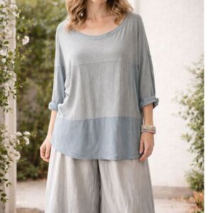 Poetry color block Hemp Blend Lagenlook long Dolman sleeve top Size 14